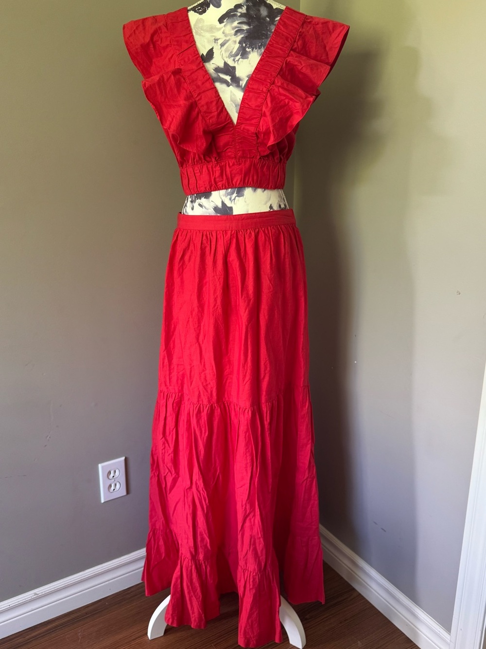 Red Ruffled V-Neck Maxi Skirt Set